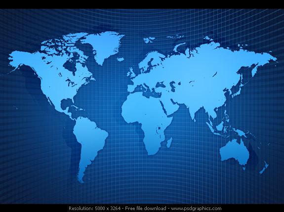 Light blue shiny silhouette world map, on an abstract dark blue grid 