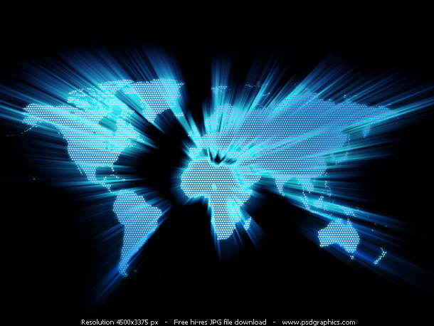 Blue glowing world map on a black background.