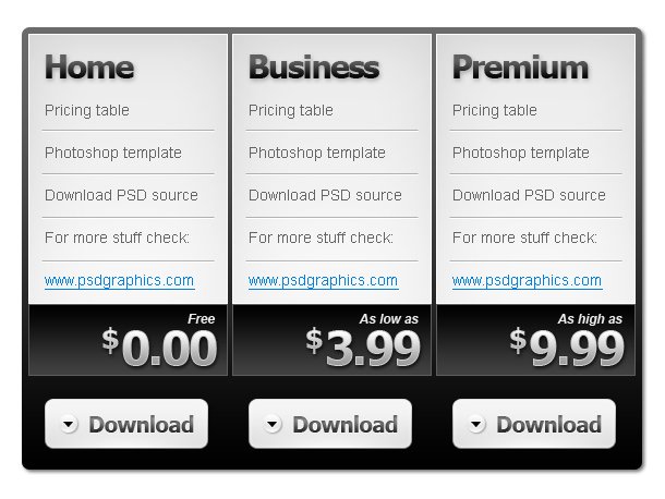Black and white pricing table PSD template
