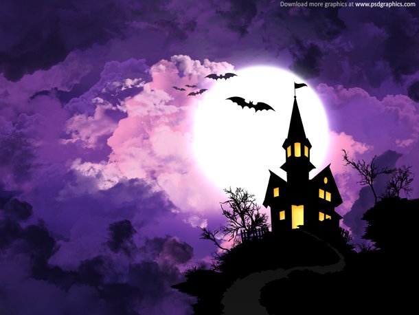 Spooky halloween background haunted house and trees in front of huge moon 