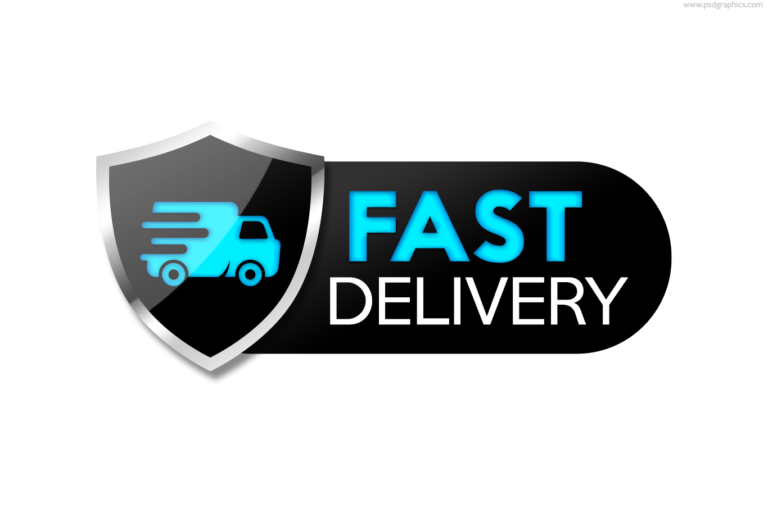 Fast delivery service icon, black shield with a truck symbol, PSD format