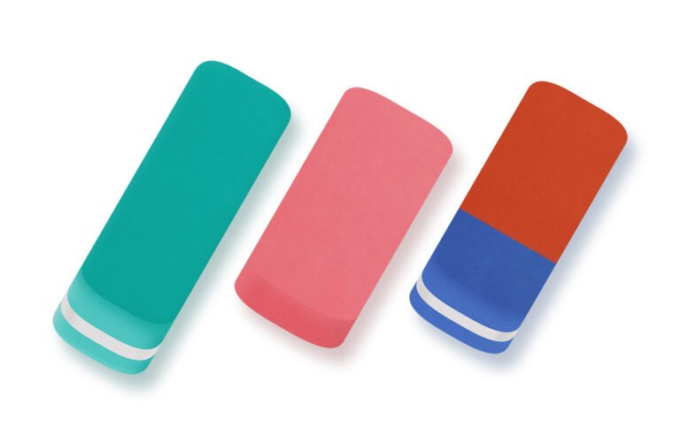 Green, blue and red, and pink rubber pen erasers icons PSD